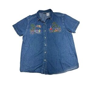 Vintage 90s Bobbie Brooks Women's Denim Shirt XL Button Up Embroidered Beach